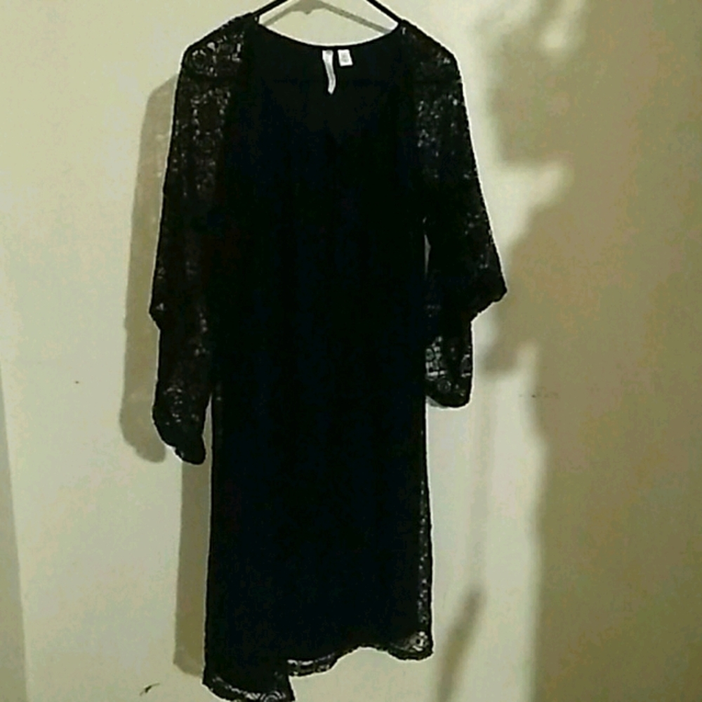 Lower knee dress, double material, see thru sleeve